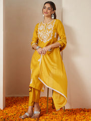 Mustard Silk Blend Embroidered Straight Kurta Set