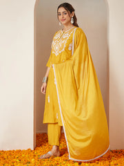 Mustard Silk Blend Embroidered Straight Kurta Set