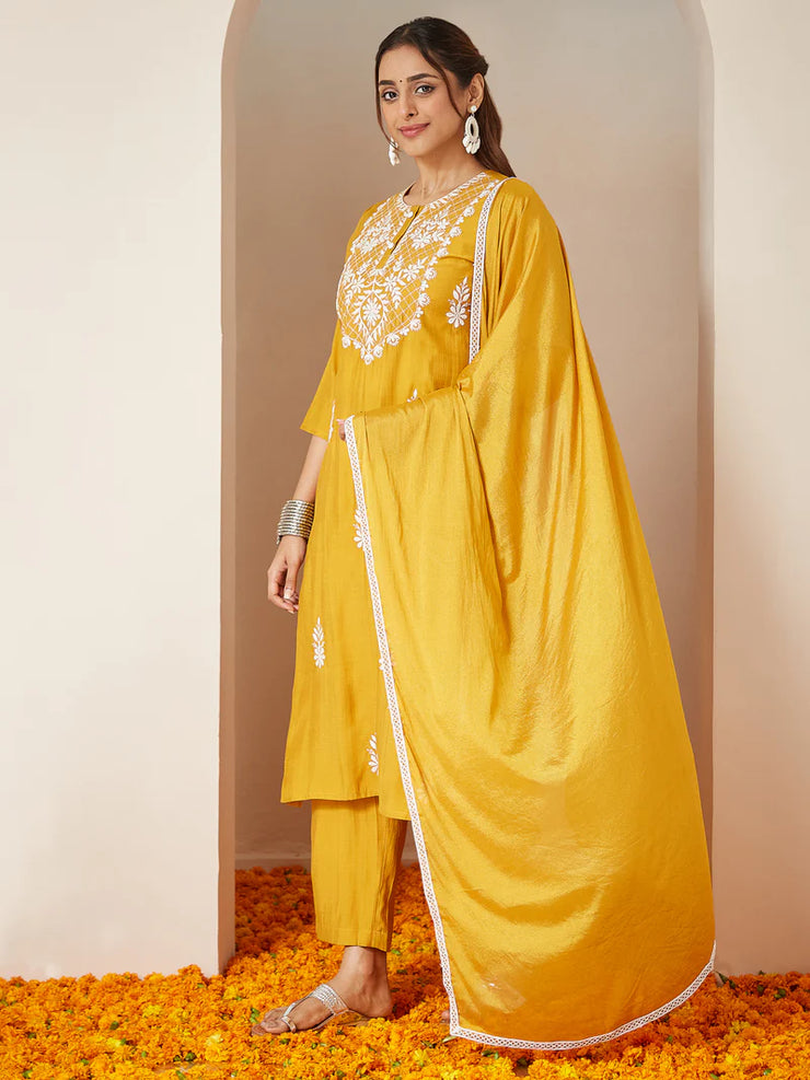 Mustard Silk Blend Embroidered Straight Kurta Set