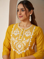 Mustard Silk Blend Embroidered Straight Kurta Set