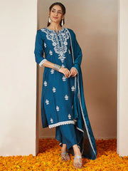 Teal Blue Silk Blend Embroidered Straight Kurta Set