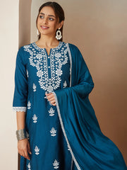 Teal Blue Silk Blend Embroidered Straight Kurta Set