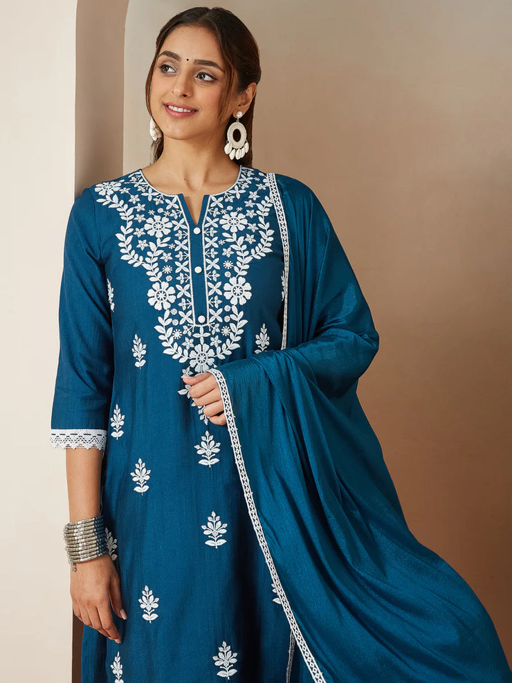 Teal Blue Silk Blend Embroidered Straight Kurta Set