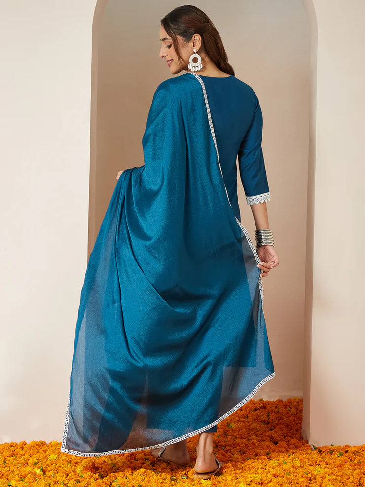 Teal Blue Silk Blend Embroidered Straight Kurta Set