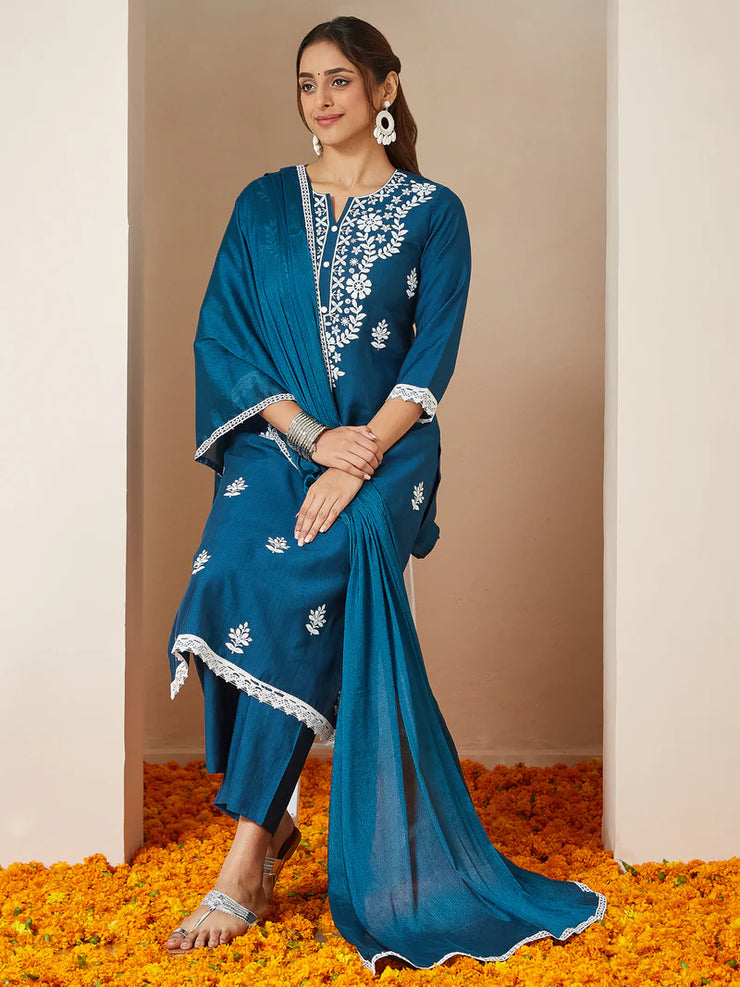 Teal Blue Silk Blend Embroidered Straight Kurta Set
