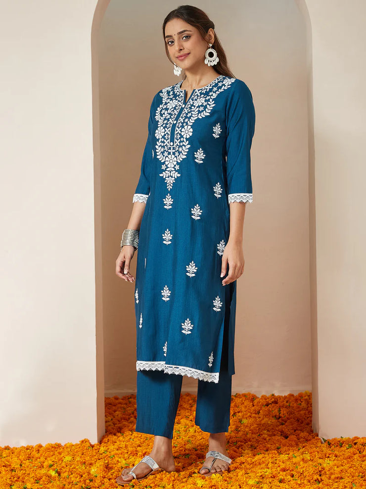 Teal Blue Silk Blend Embroidered Straight Kurta Set