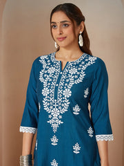 Teal Blue Silk Blend Embroidered Straight Kurta Set