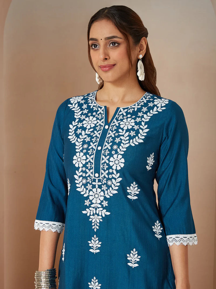 Teal Blue Silk Blend Embroidered Straight Kurta Set