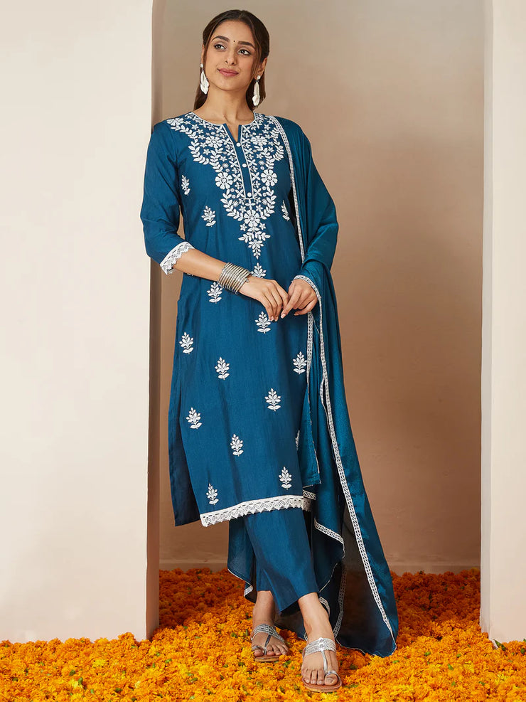 Teal Blue Silk Blend Embroidered Straight Kurta Set