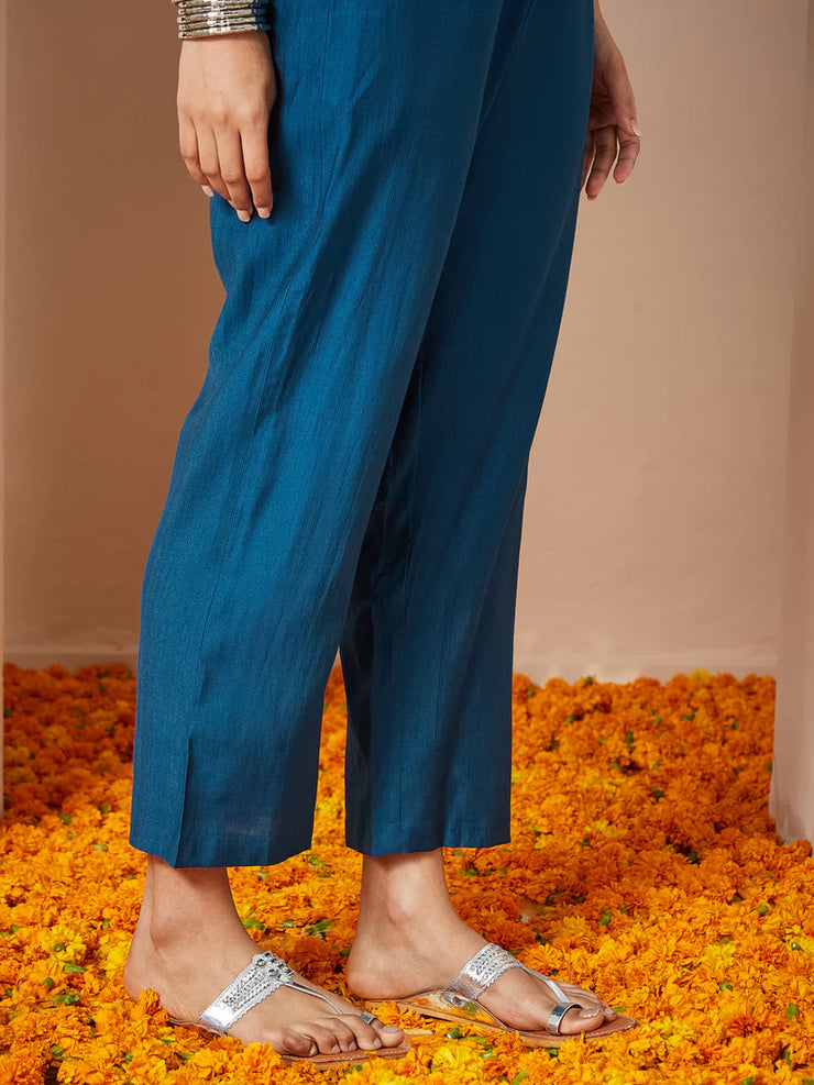 Teal Blue Silk Blend Embroidered Straight Kurta Set