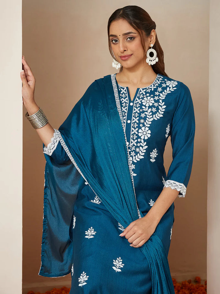Teal Blue Silk Blend Embroidered Straight Kurta Set