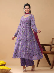 Lavender Georgette Floral Printed A-line Kurta Set
