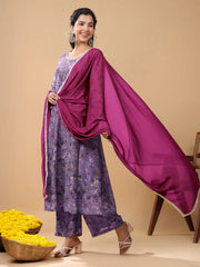 Lavender Georgette Floral Printed A-line Kurta Set