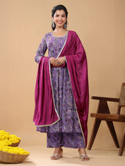 Lavender Georgette Floral Printed A-line Kurta Set