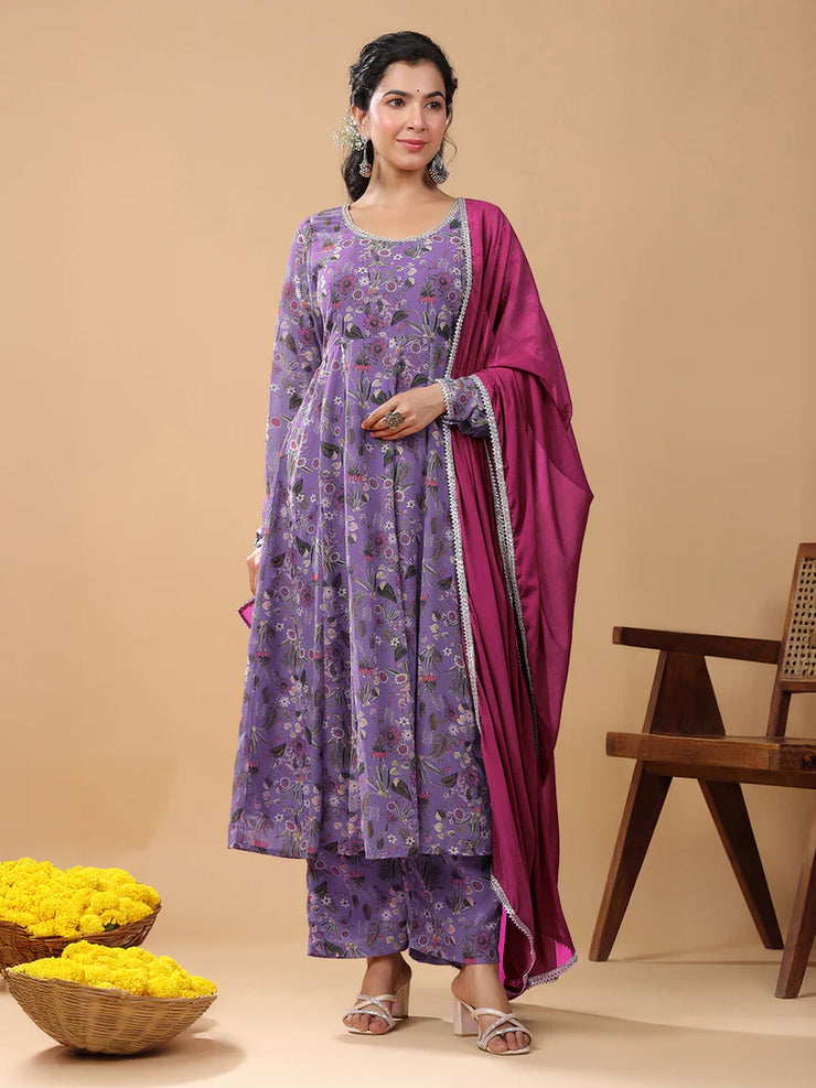 Lavender Georgette Floral Printed A-line Kurta Set