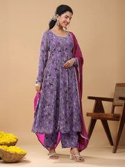 Lavender Georgette Floral Printed A-line Kurta Set