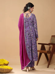 Lavender Georgette Floral Printed A-line Kurta Set