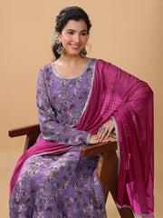Lavender Georgette Floral Printed A-line Kurta Set