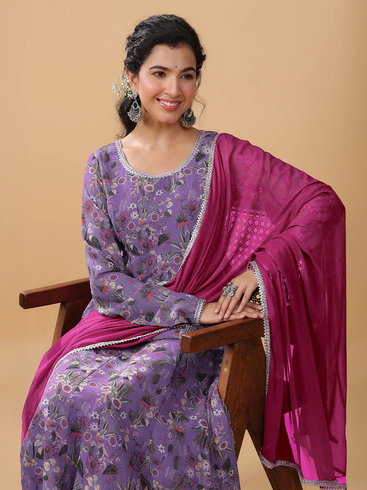 Lavender Georgette Floral Printed A-line Kurta Set