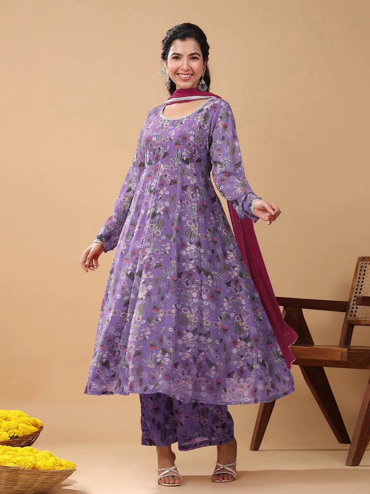 Lavender Georgette Floral Printed A-line Kurta Set