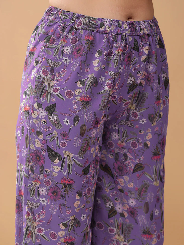 Lavender Georgette Floral Printed A-line Kurta Set