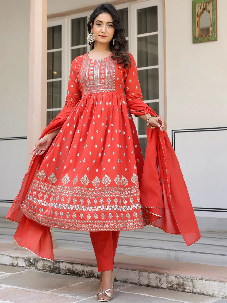 Red Pure Cotton Foil Printed with Embroidered Yoke A-Line Kurta Pant with Dupatta Set