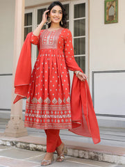 Red Pure Cotton Foil Printed with Embroidered Yoke A-Line Kurta Pant with Dupatta Set