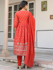 Red Pure Cotton Foil Printed with Embroidered Yoke A-Line Kurta Pant with Dupatta Set