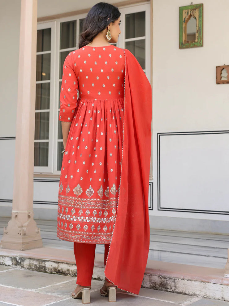 Red Pure Cotton Foil Printed with Embroidered Yoke A-Line Kurta Pant with Dupatta Set