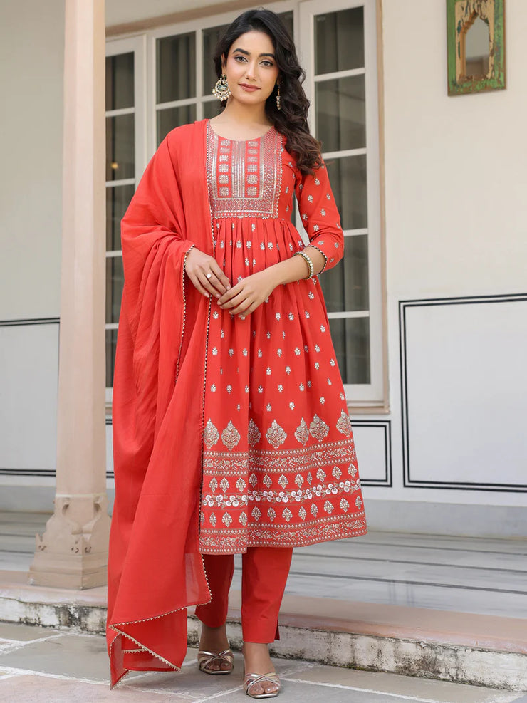 Red Pure Cotton Foil Printed with Embroidered Yoke A-Line Kurta Pant with Dupatta Set