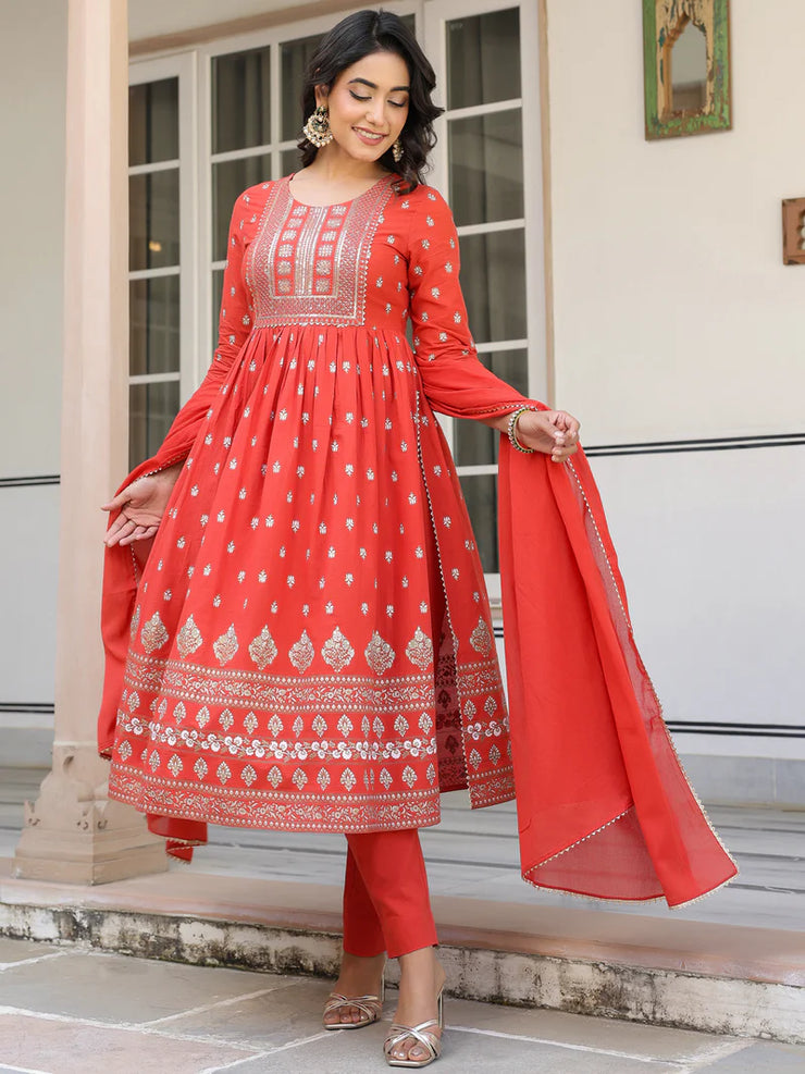 Red Pure Cotton Foil Printed with Embroidered Yoke A-Line Kurta Pant with Dupatta Set