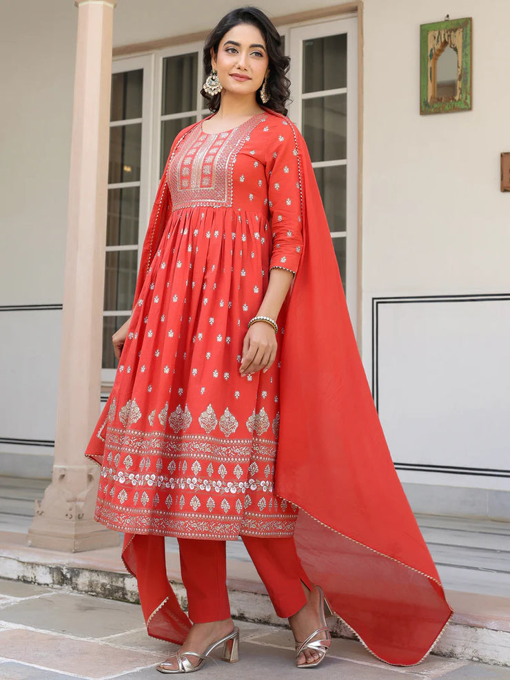 Red Pure Cotton Foil Printed with Embroidered Yoke A-Line Kurta Pant with Dupatta Set