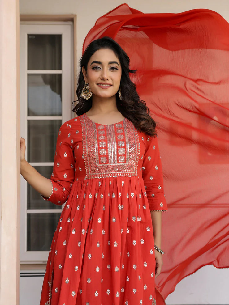 Red Pure Cotton Foil Printed with Embroidered Yoke A-Line Kurta Pant with Dupatta Set