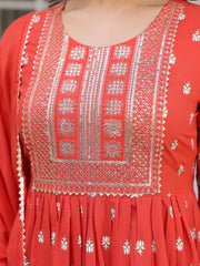Red Pure Cotton Foil Printed with Embroidered Yoke A-Line Kurta Pant with Dupatta Set