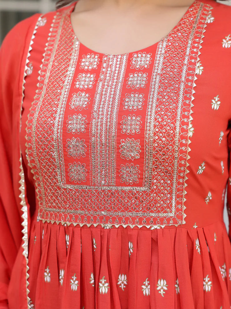 Red Pure Cotton Foil Printed with Embroidered Yoke A-Line Kurta Pant with Dupatta Set