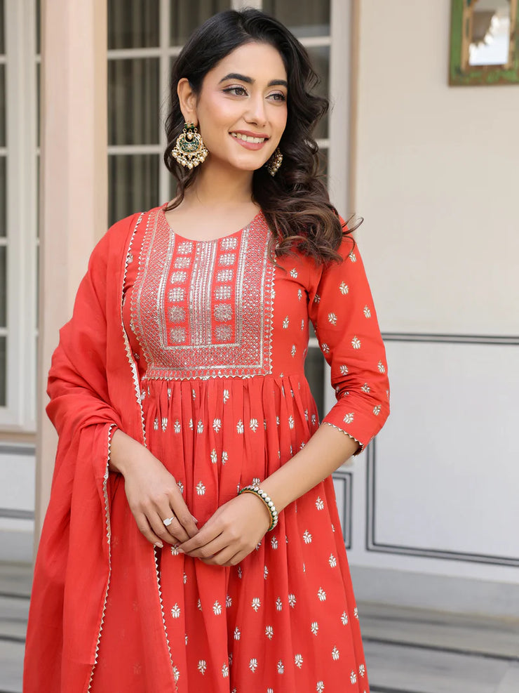 Red Pure Cotton Foil Printed with Embroidered Yoke A-Line Kurta Pant with Dupatta Set