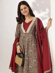 Sage Green Pure Cotton Floral Printed Anarkali Kurta Set