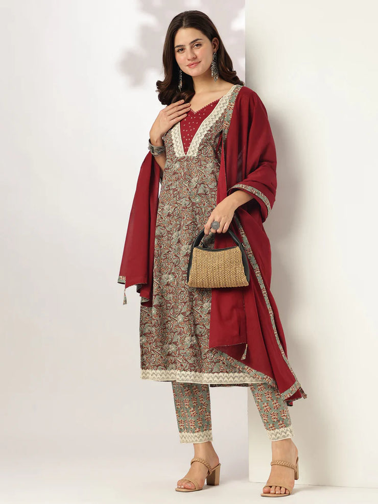 Sage Green Pure Cotton Floral Printed Anarkali Kurta Set