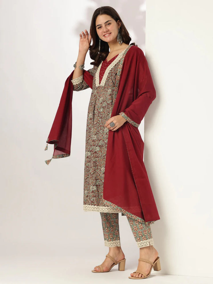 Sage Green Pure Cotton Floral Printed Anarkali Kurta Set