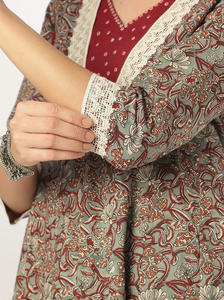 Sage Green Pure Cotton Floral Printed Anarkali Kurta Set