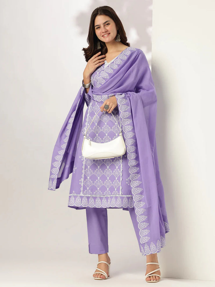 Lavender Pure Cotton Ethnic Motifs Printed A-line Kurta Set