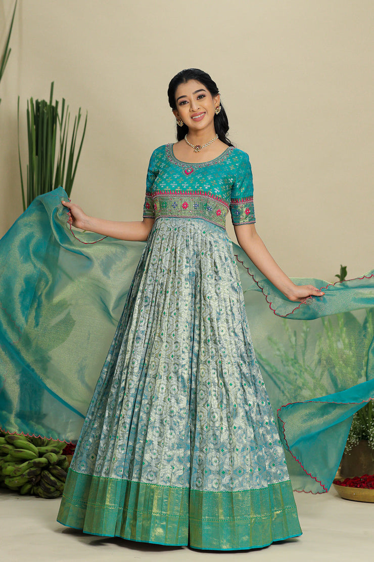 Teal Blue Patola Pattu Dress