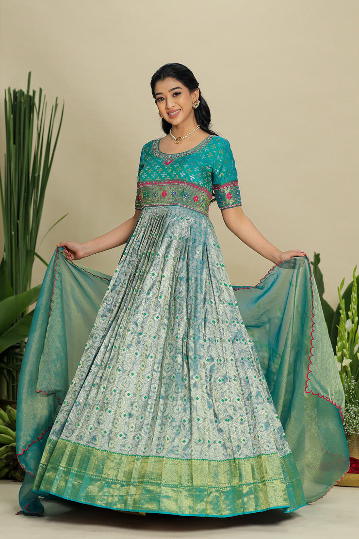 Teal Blue Patola Pattu Dress