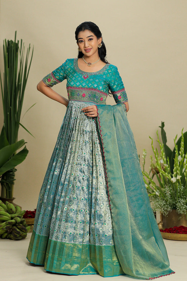 Teal Blue Patola Pattu Dress Shopzters