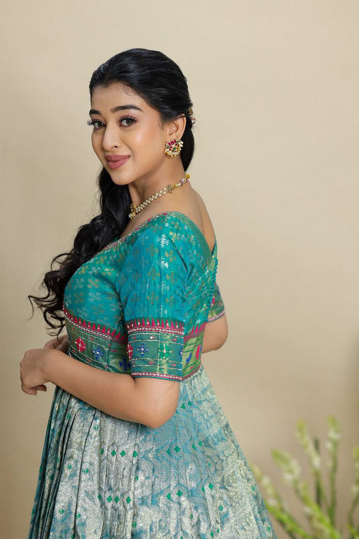 Teal Blue Patola Pattu Dress