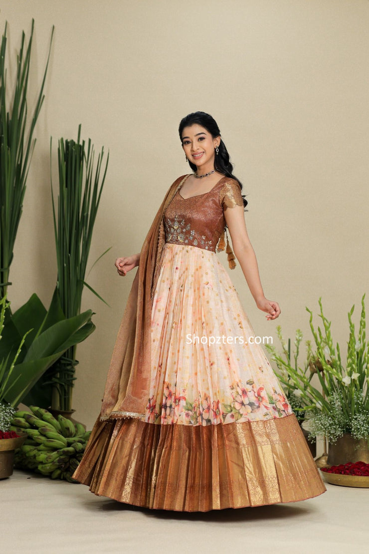 Copper Kota Zari Dress With Floral Print