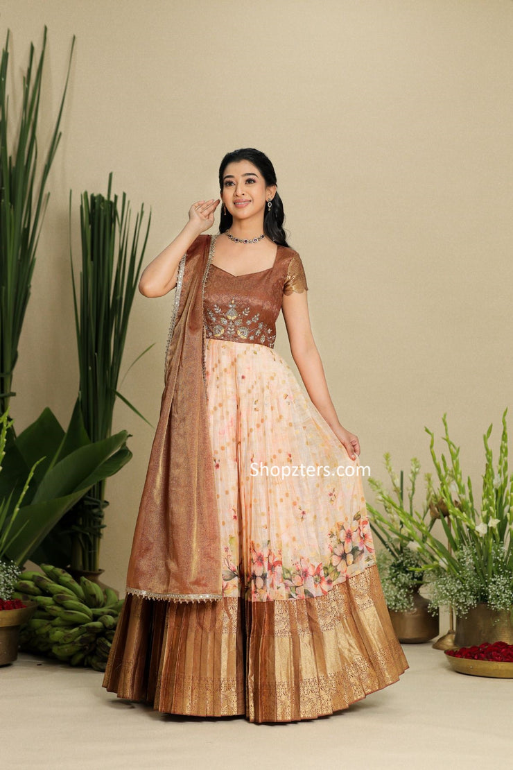 Copper Kota Zari Dress With Floral Print