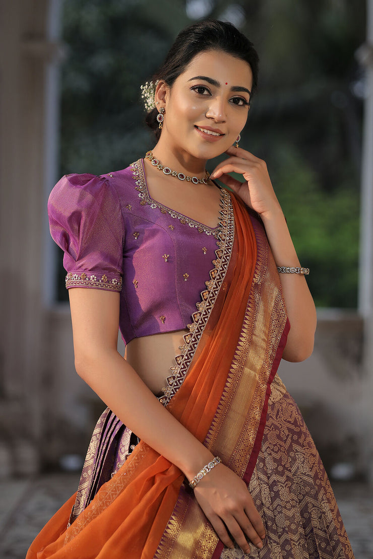 Lavender And Orange Banarasi Silk Lehenga