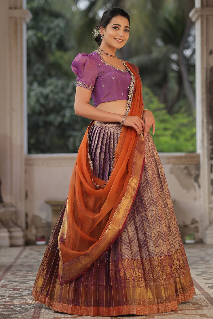 Lavender And Orange Banarasi Silk Lehenga