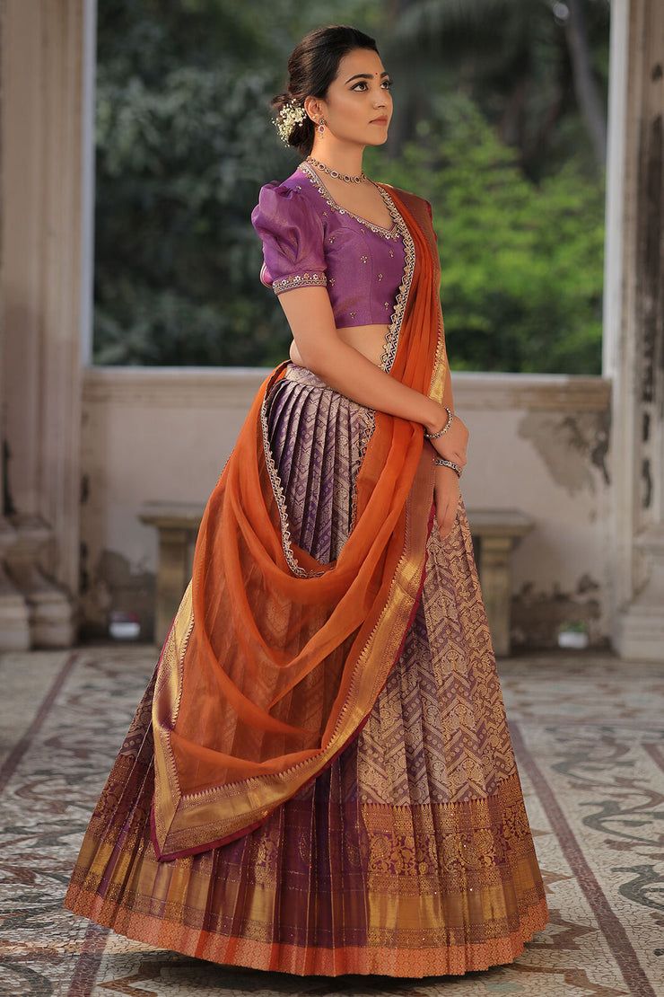 Lavender And Orange Banarasi Silk Lehenga